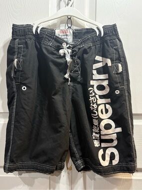 Superdry Black Swim Board Shorts with White Logo